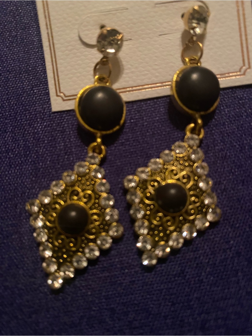 Gold Filigree Drop Earrings with Black Accent and Clear Crystals